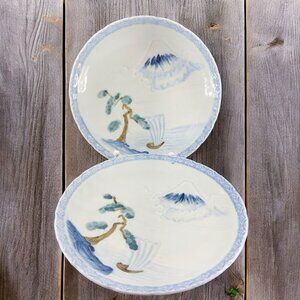 Antique Celadon Porcelain Dish Plate Set 2 Detailed Mountain Trees Round Dishes